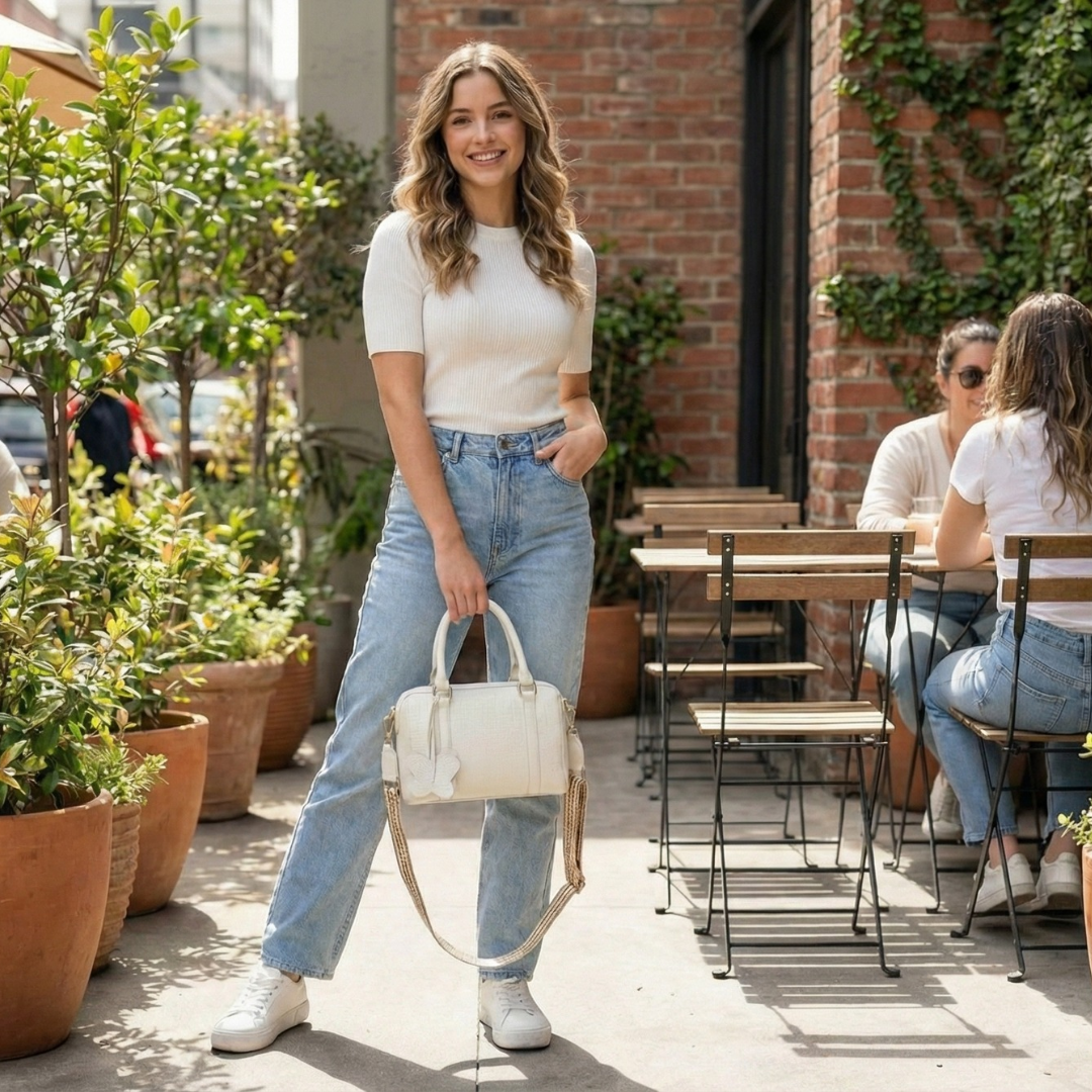 Bolso tipo Bowling  Blanco 100% cuero