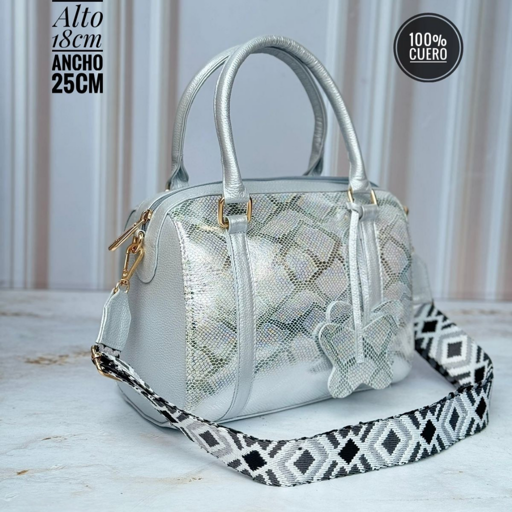 Bolso tipo Bowling  Plateado 100% cuero