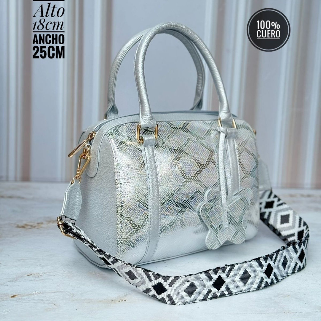 Bolso tipo Bowling  Plateado 100% cuero
