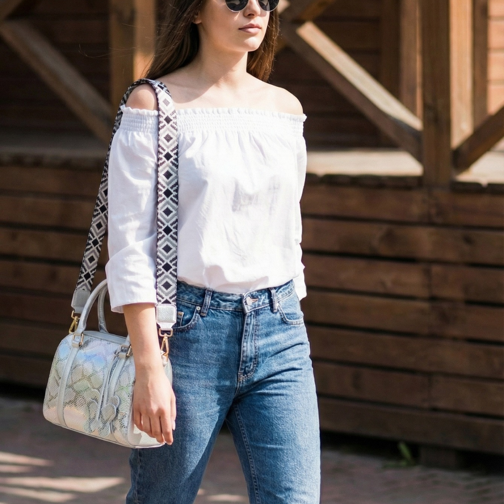 Bolso tipo Bowling  Plateado 100% cuero