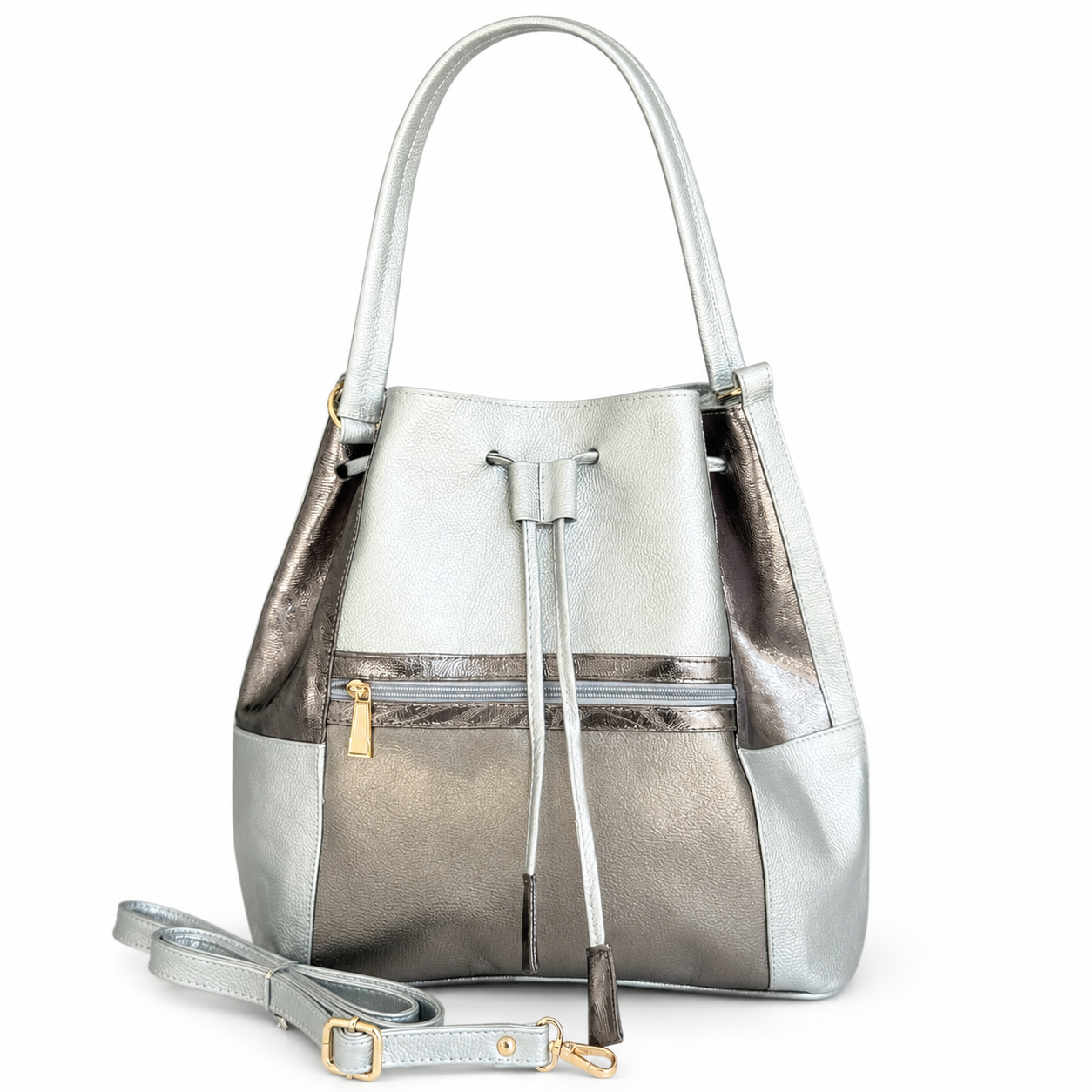 Bolso Bucket Metálico Plata 100% Cuero con Correa Ajustable