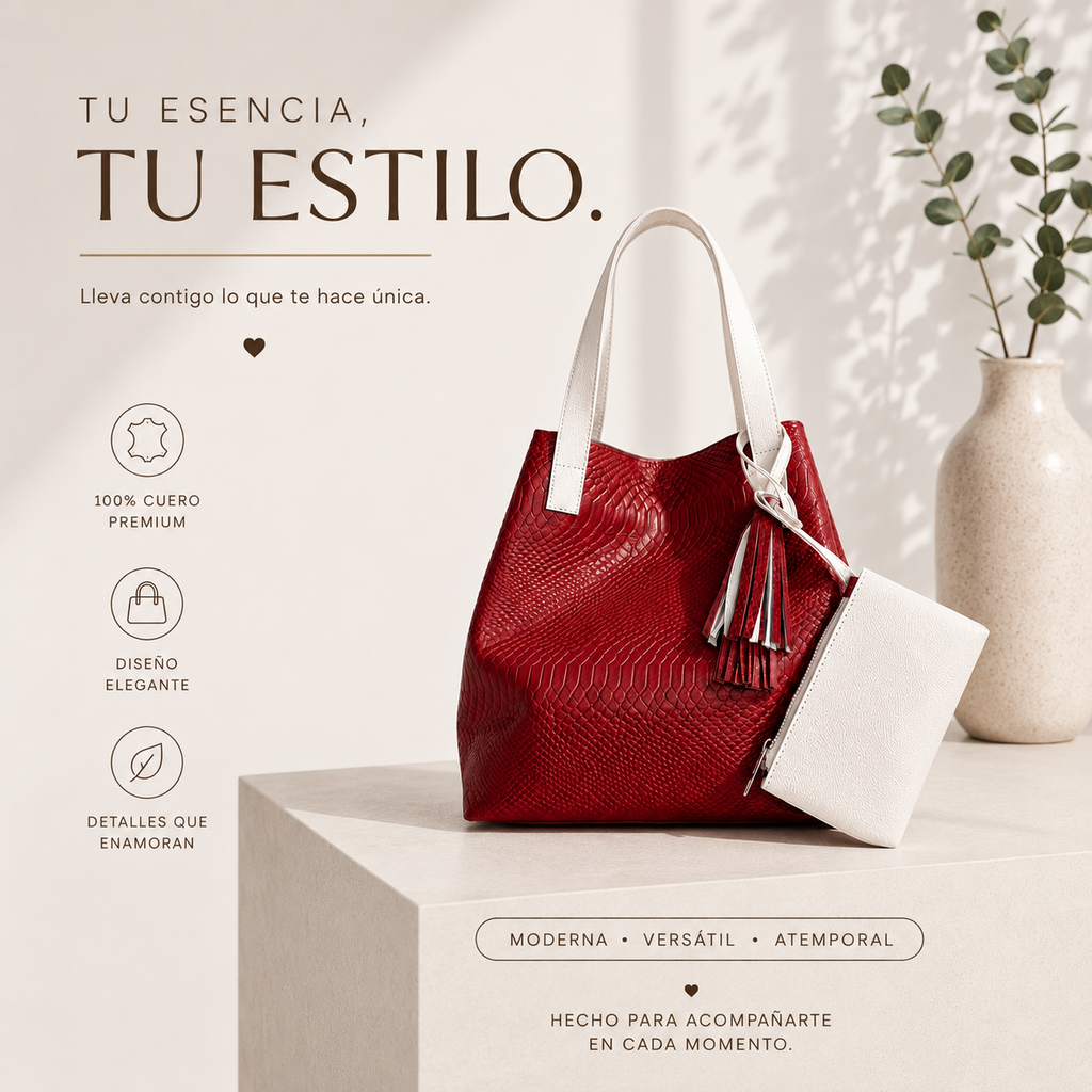 Bolso Tote Rojo 100% Cuero con Estuche y Detalle de Flecos