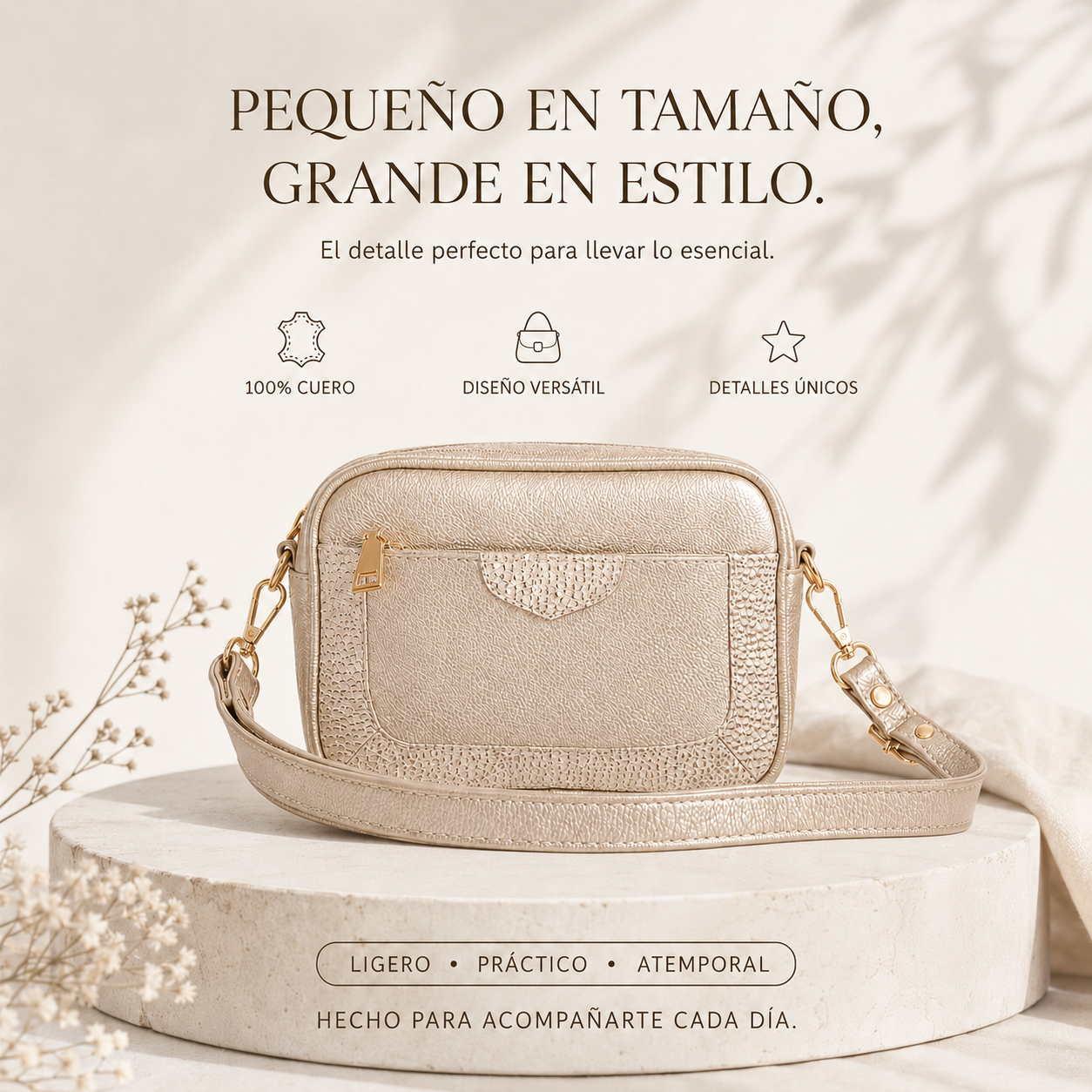 Bolso Crossbody. Champaña metálico100% Cuero