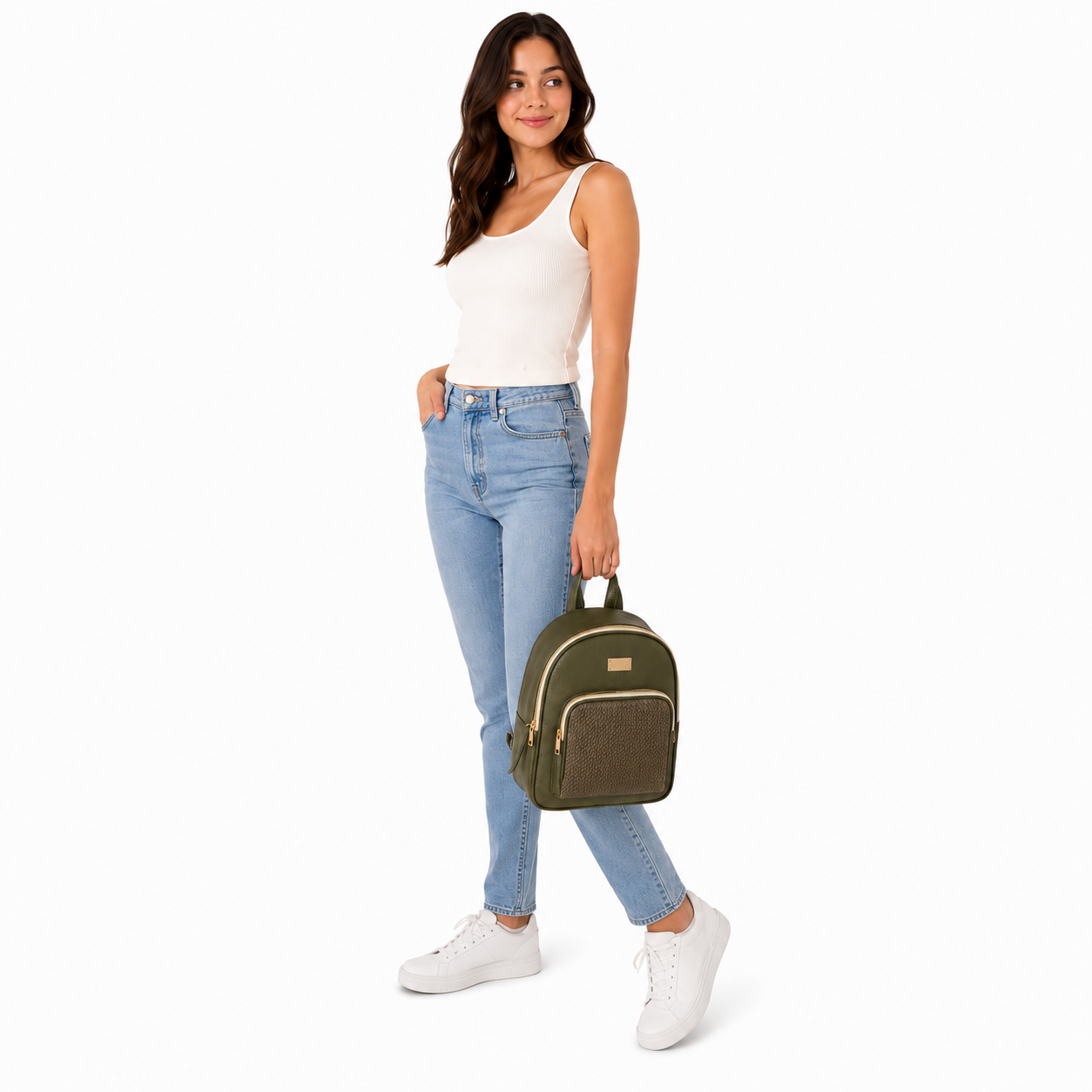 Morral Verde Oliva con Bolsillo Frontal y Herrajes Dorad