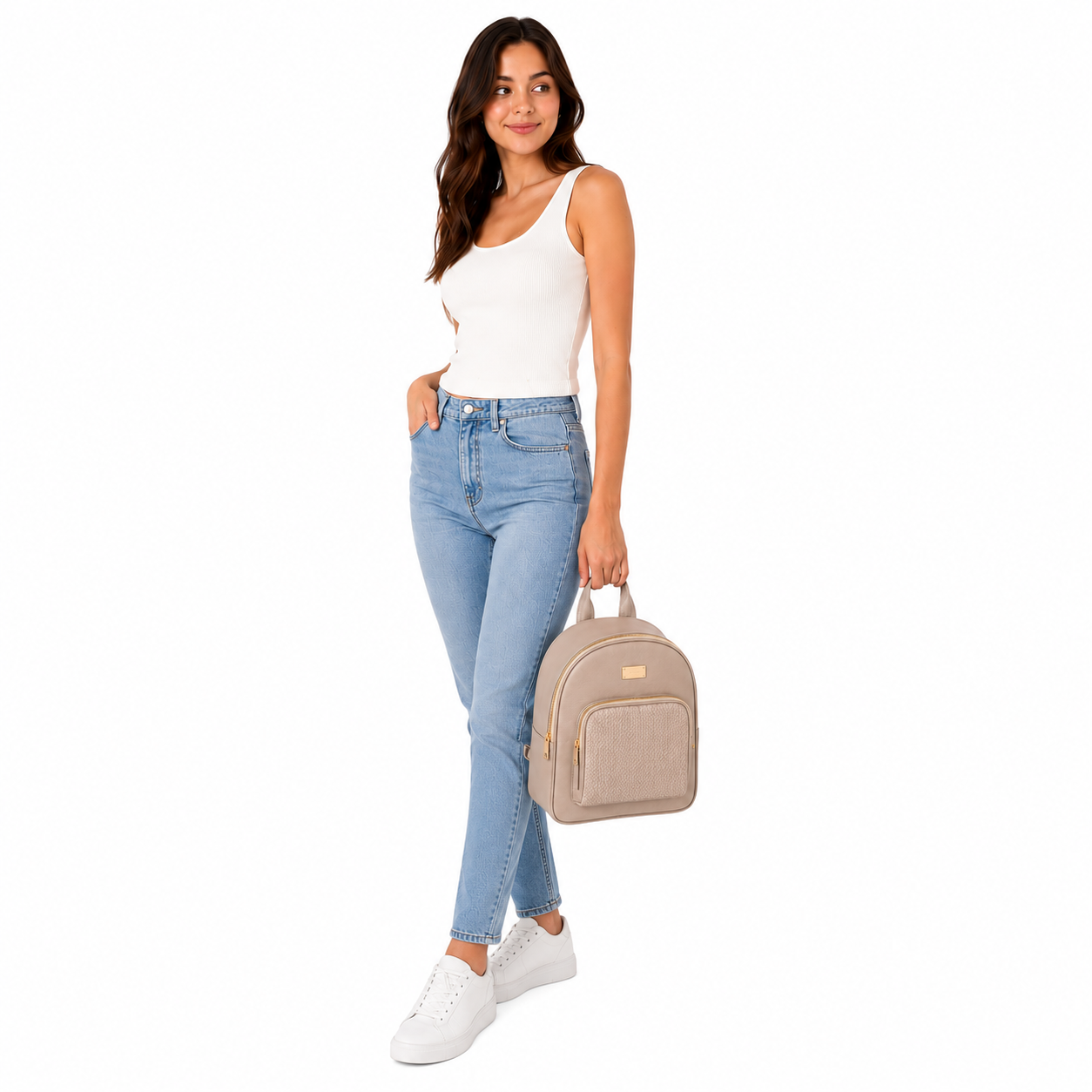 Morral Beige con Bolsillo Frontal y Herrajes Dorado