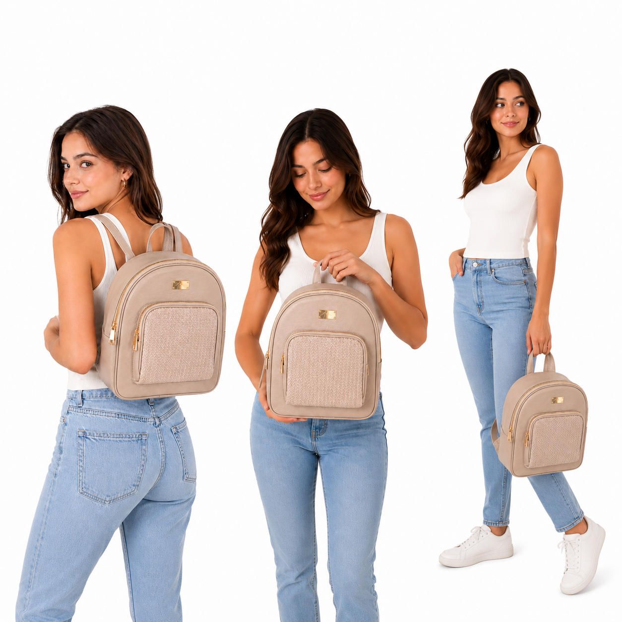 Morral Beige con Bolsillo Frontal y Herrajes Dorado