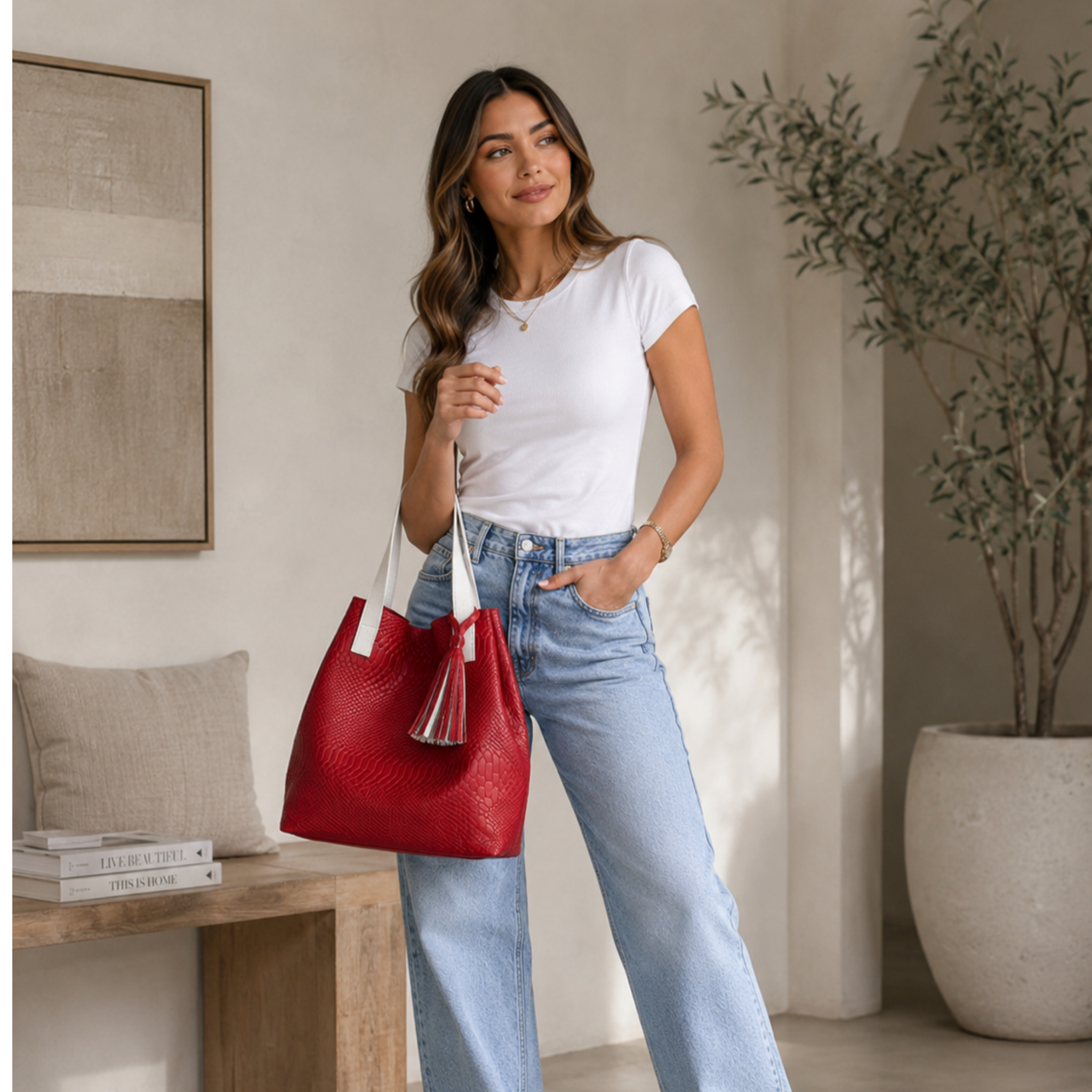 Bolso Tote Rojo 100% Cuero con Estuche y Detalle de Flecos
