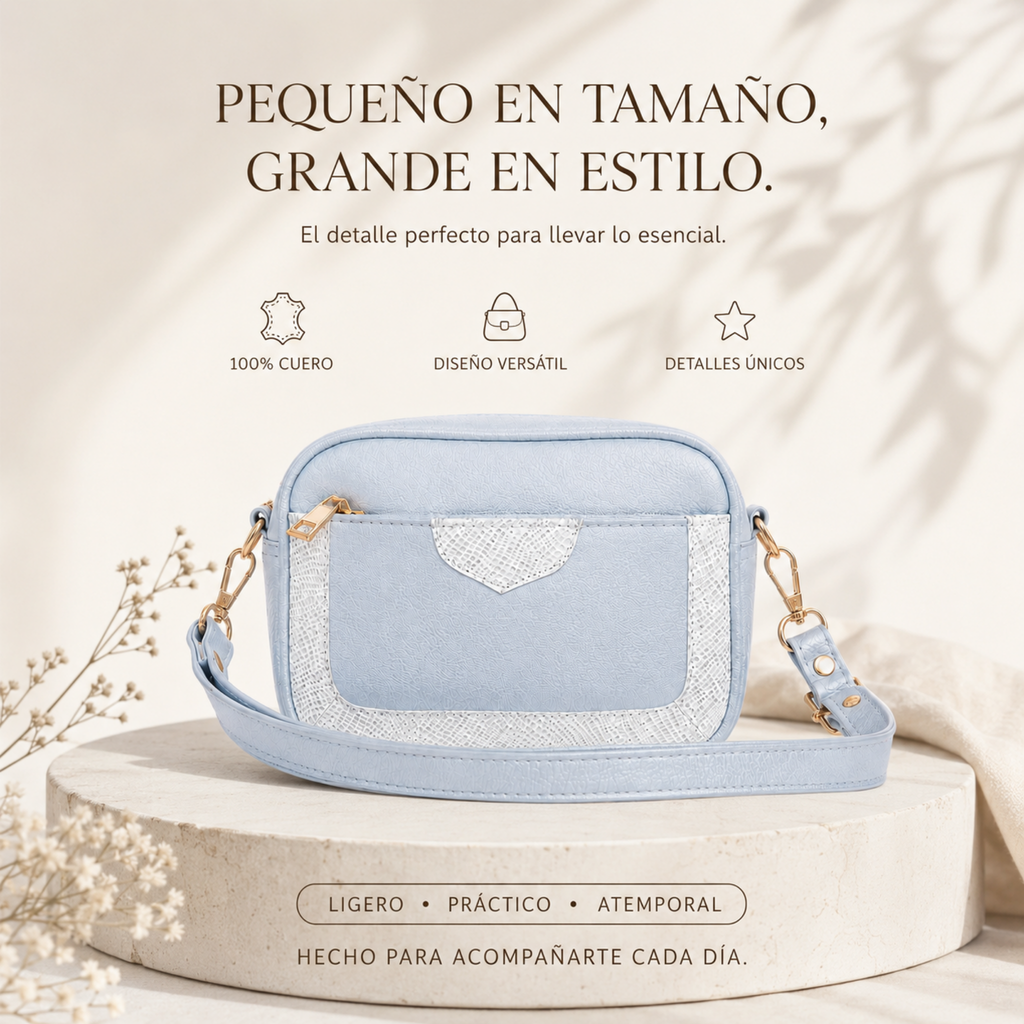 Bolso Crossbody. Azul Cielo 100% Cuero