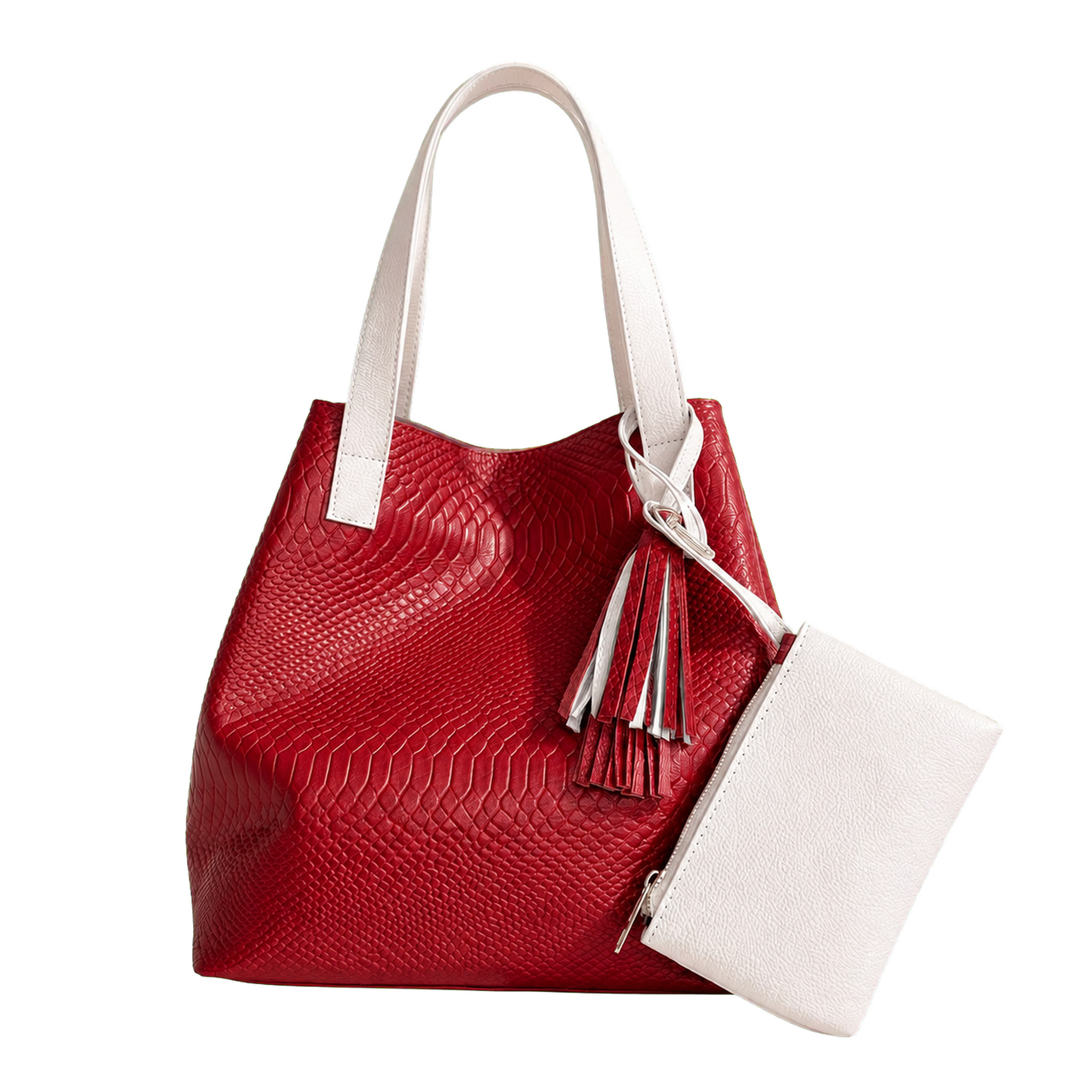 Bolso Tote Rojo 100% Cuero con Estuche y Detalle de Flecos