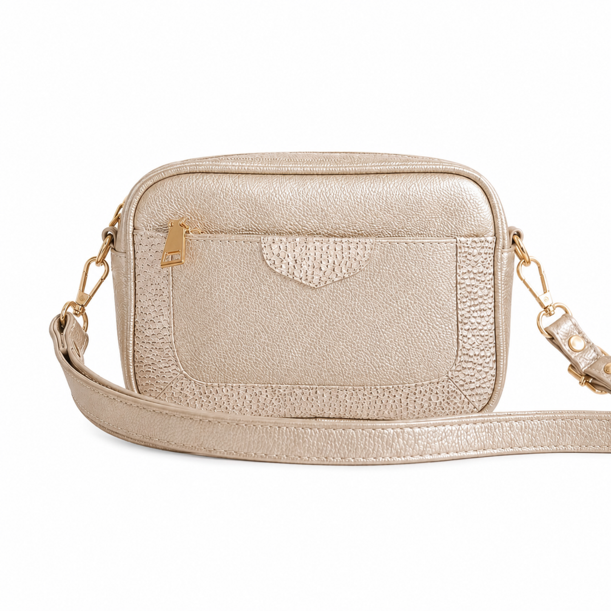 Bolso Crossbody. Champaña metálico100% Cuero