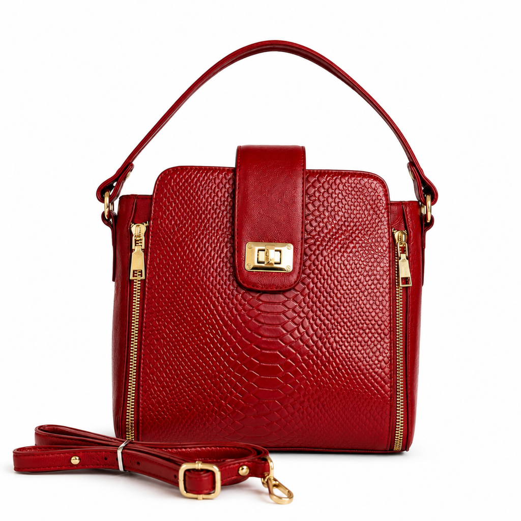 Bolso Rojo 100% Cuero con Textura y Herrajes Dorados