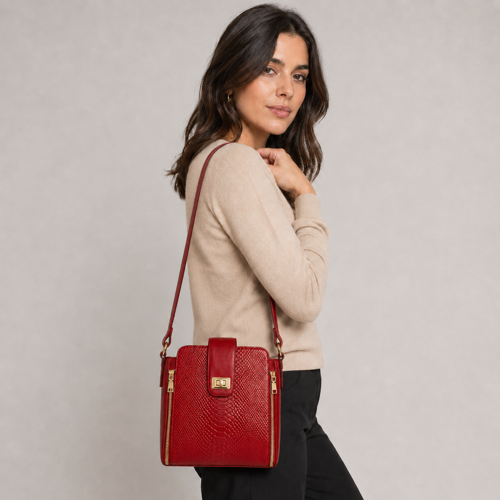 Bolso Rojo 100% Cuero con Textura y Herrajes Dorados