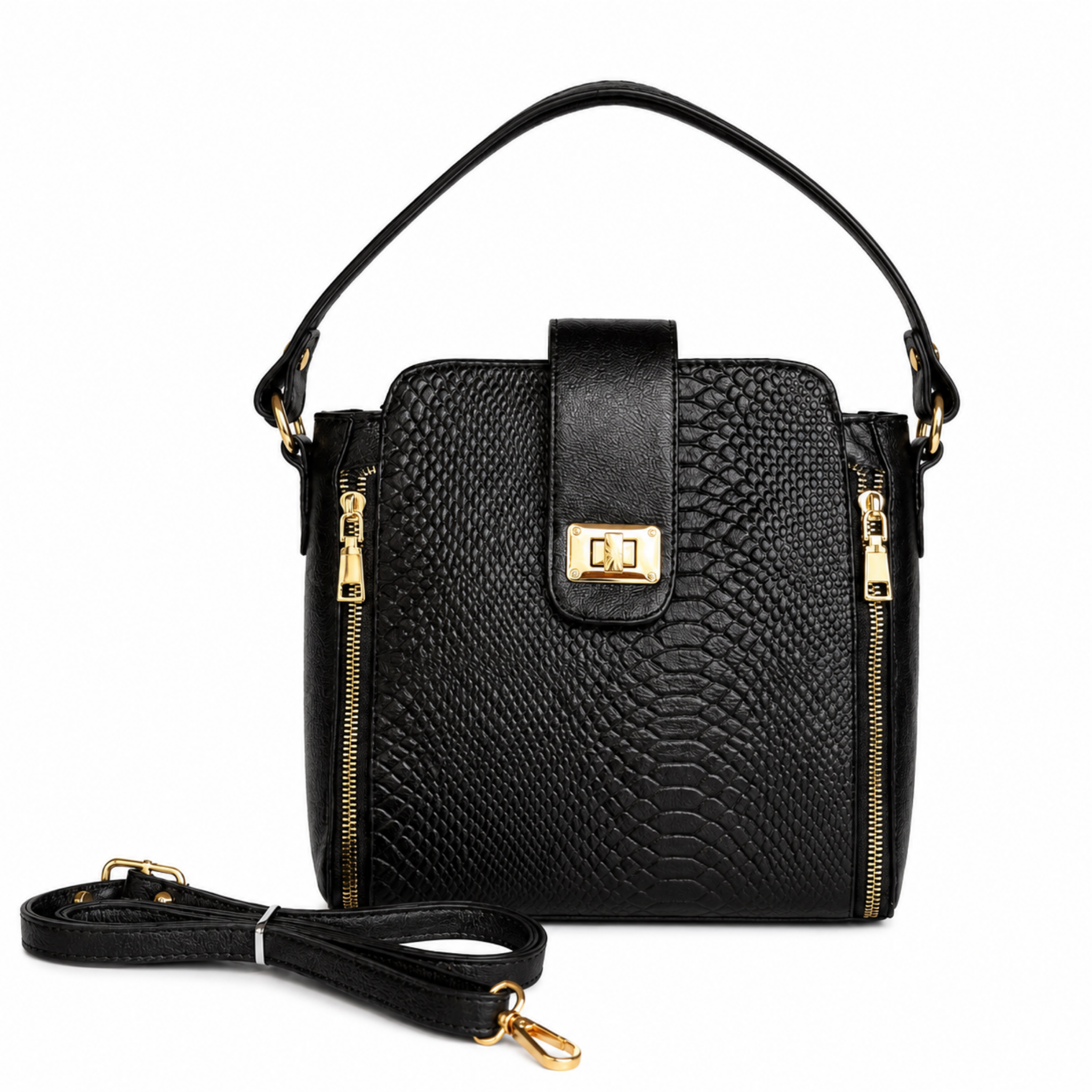 Bolso Negro 100% Cuero con Textura y Herrajes Dorados