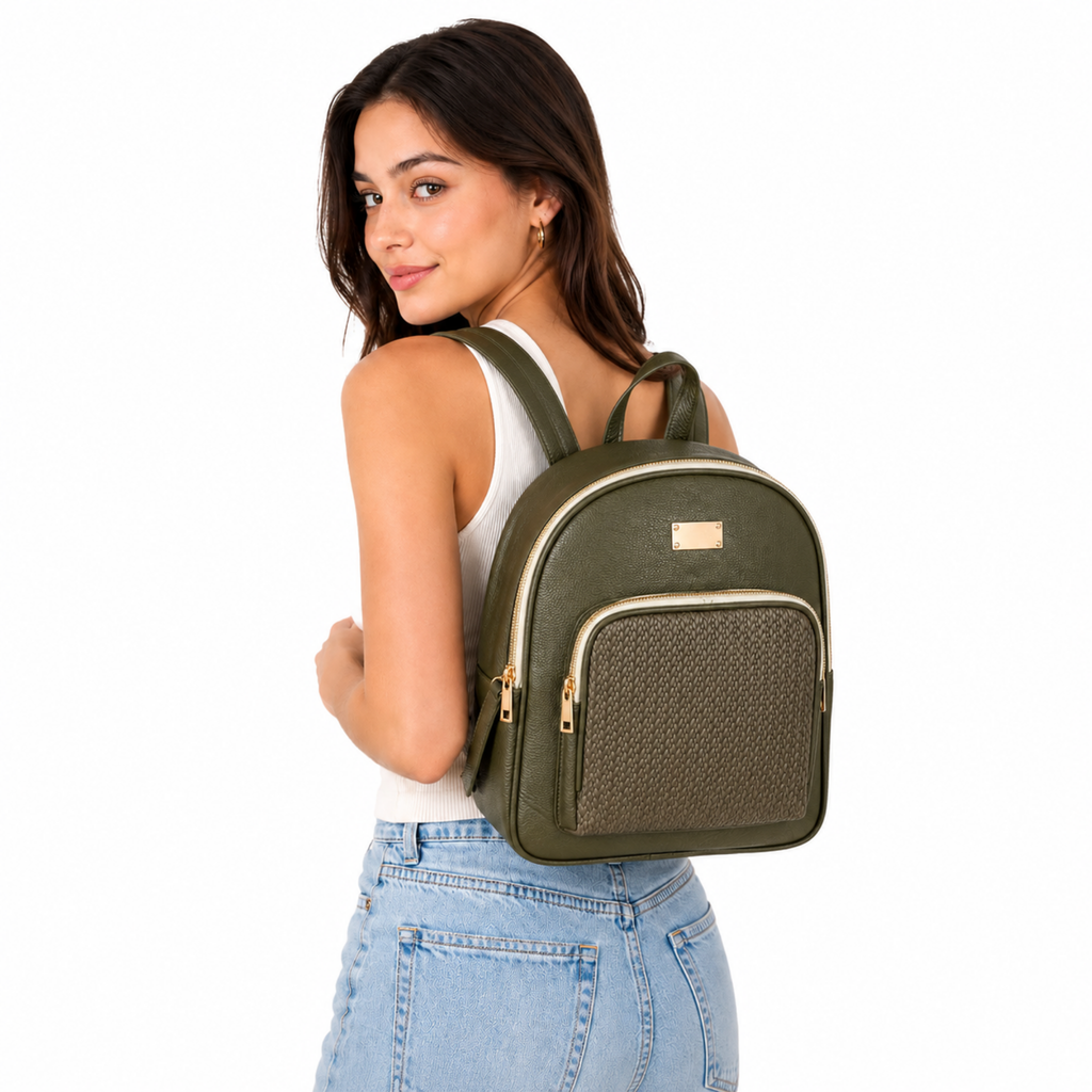 Morral Verde Oliva con Bolsillo Frontal y Herrajes Dorad
