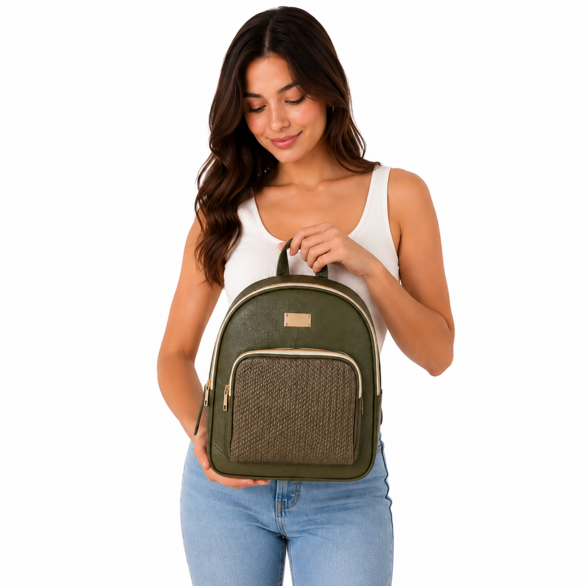 Morral Verde Oliva con Bolsillo Frontal y Herrajes Dorad