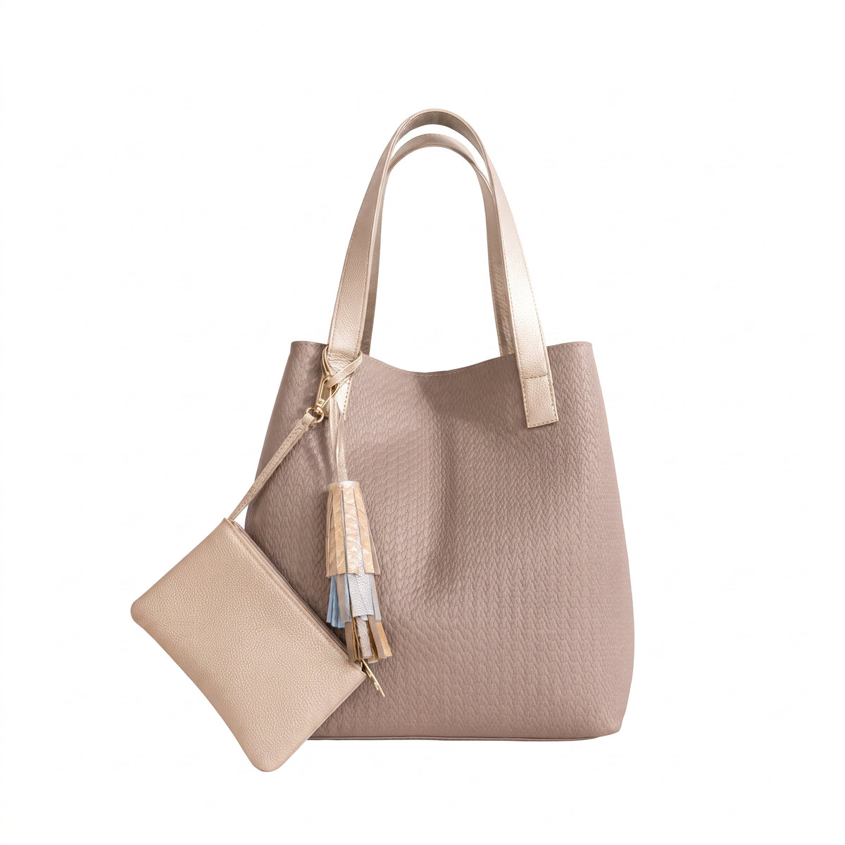 Bolso Tote Taupe 100% Cuero con Estuche y Detalle de Flecos