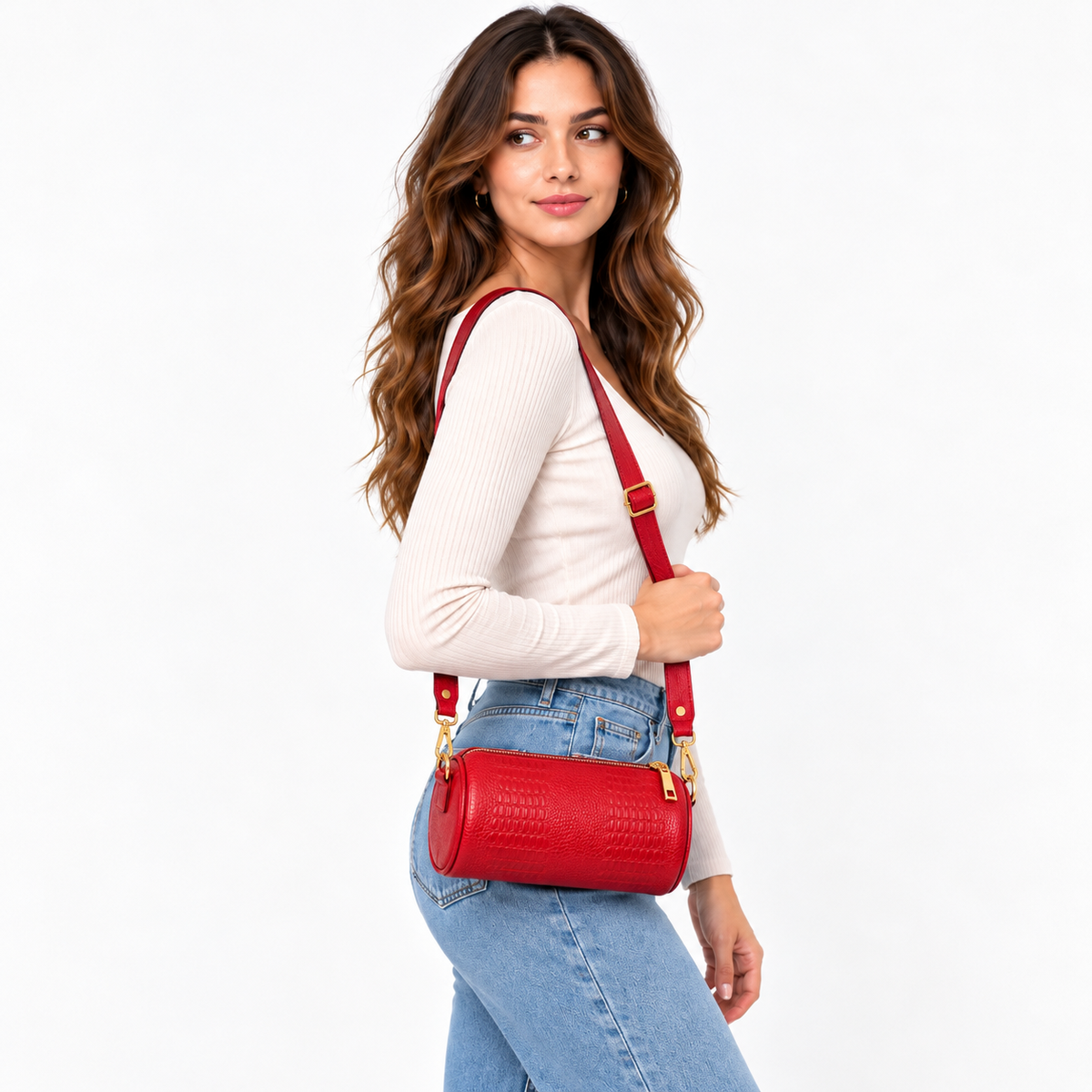 Bolso Crossbody de Cuero – Diseño Cilíndrico Texturizado
