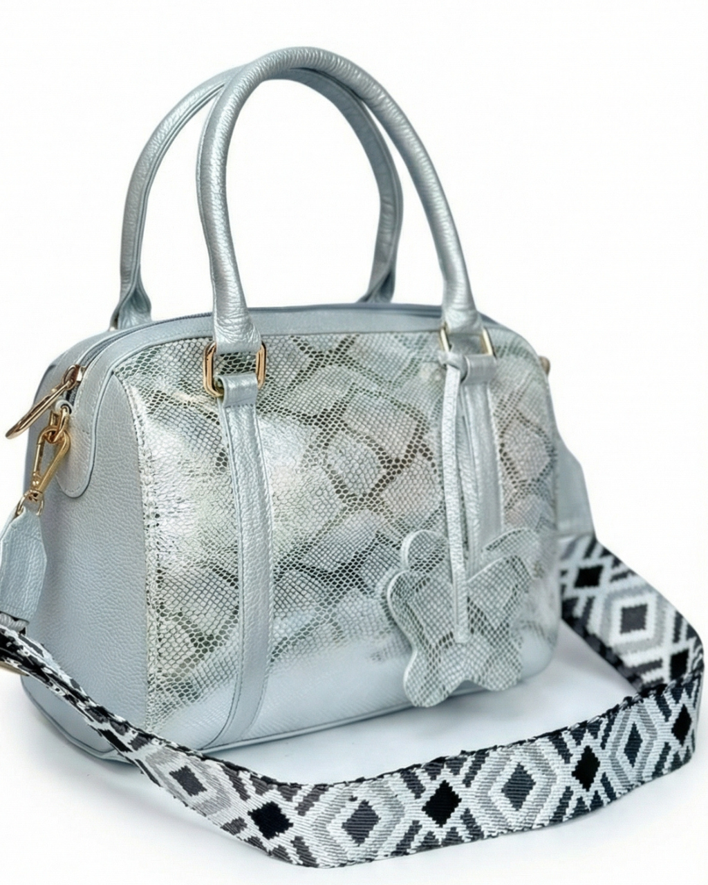 Bolso tipo Bowling  Plateado 100% cuero