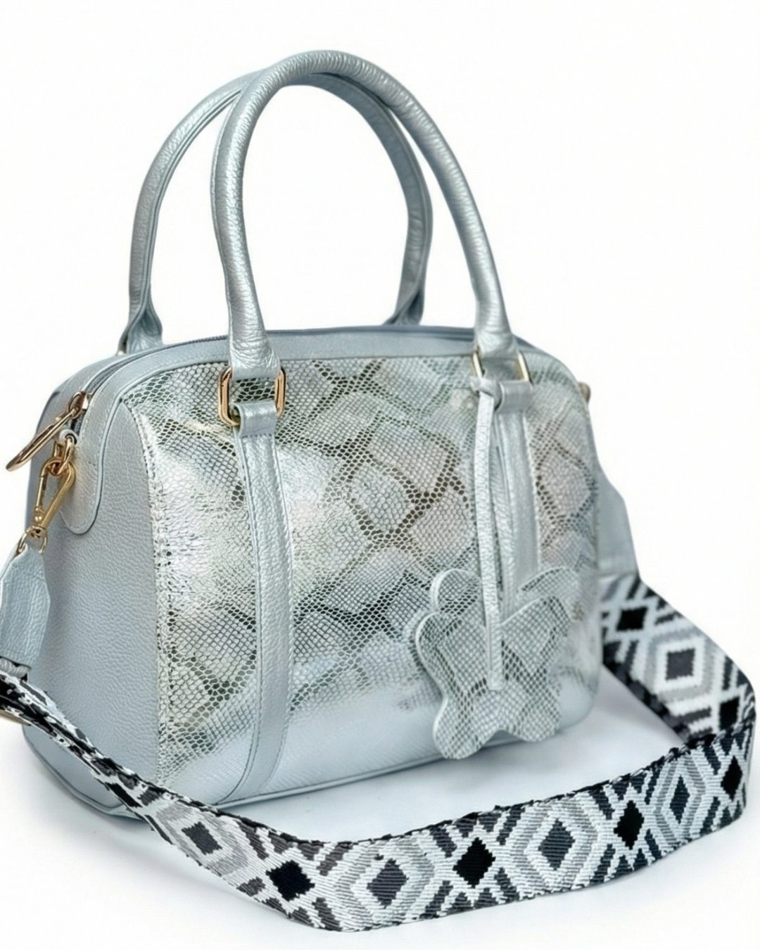 Bolso tipo Bowling  Plateado 100% cuero